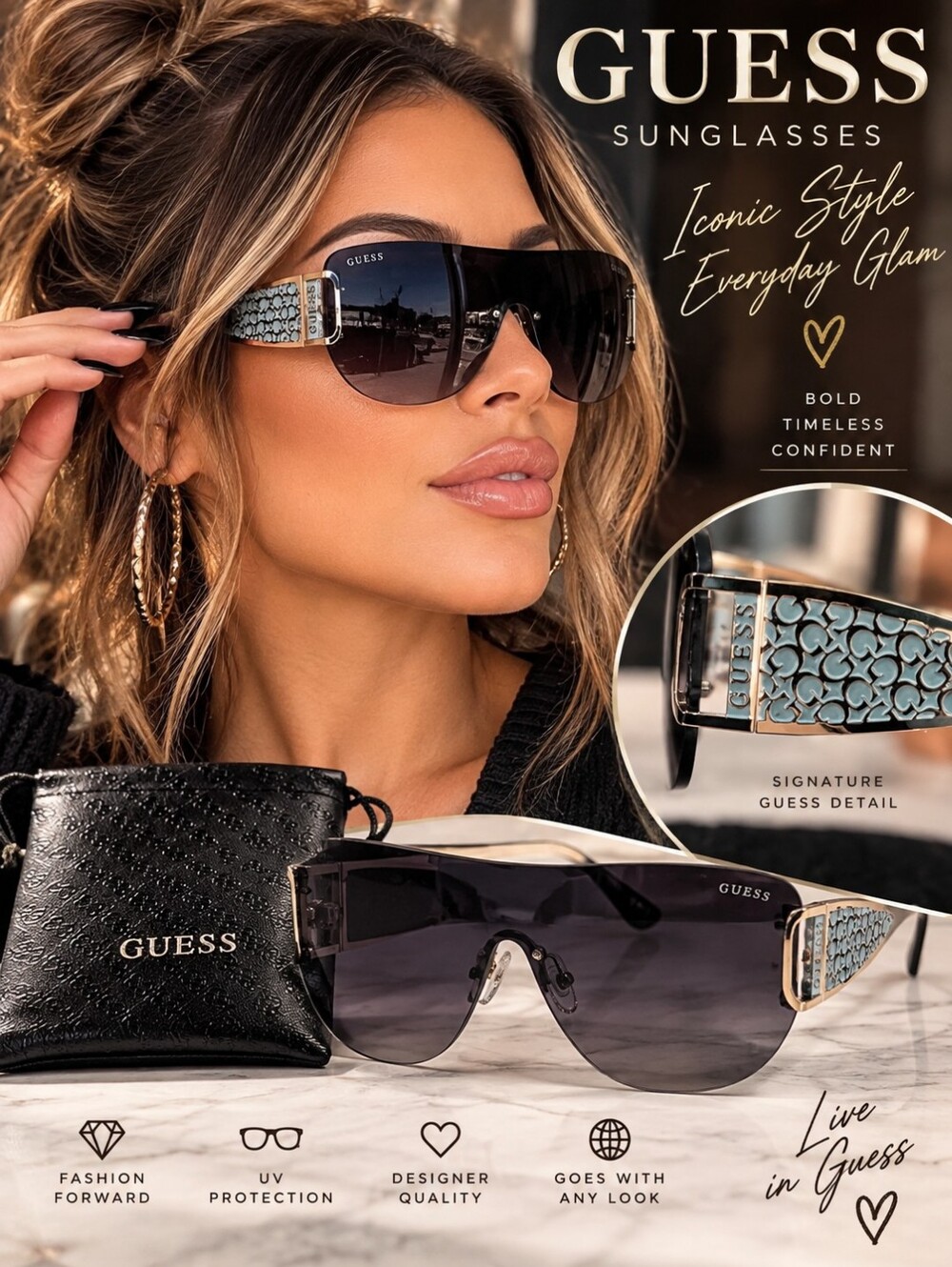 GUESS G000038 Women’s Oversized Shield Sunglasses Gold Black Gradient New
